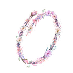 Number ''0'' of watercolor pink and purple flowers, isolated hand drawn on a white background, wedding design, festive and wedding decor and cards