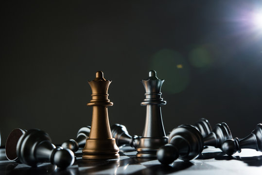King and Knight of chess setup on dark background .