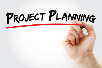 Hand writing project planning with marker, business concept background