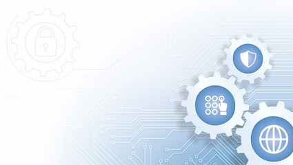 Obraz premium Circuit Board Vector Illustration with Cogwheels and Internet Security and Protection Icons