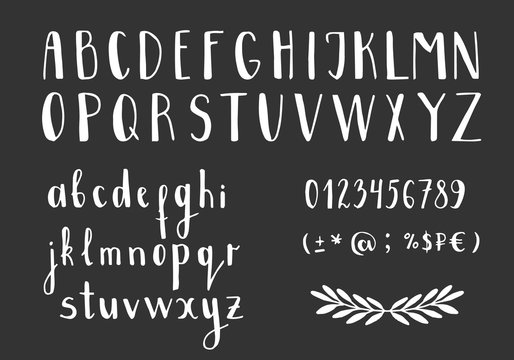 Set of handwritten latin letters. Vector script font. White alphabet isolated on black background.