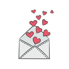 Envelope with hearts on the white background.
