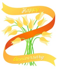 Happy anniversary banner with space for a number in the middle. Golden tulips for springtime