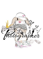 Cute bunny in knitted scarf and hat with a camera. Photographer lettering. Vector illustration. Hand drawn graphic, kid print
