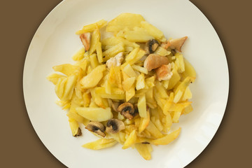 Fried Potatoes with Mushrooms and Chicken on a White Plate