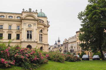 Architecture of streets of Krakow, Poland town in rainy day