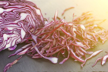 Shredded red cabbage. Chopped up a head of red cabbage and cut i