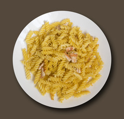 Fried Fusilli Pasta with Slices of Chicken in White Plate