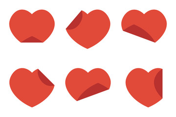 Set, collection of flat design red hearts stickers, origami isolated on white background.