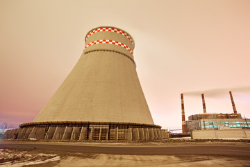Power plant and cooling towers at dusk