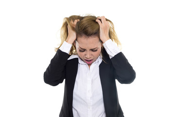 stressed and depressed young atractive businesswoman, headache a