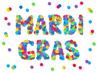 Rainbow colors confetti Mardi Gras sign on white background