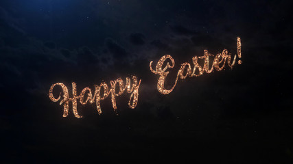 Happy Easter celebration greeting text with particles and sparks on black night sky with colored fireworks on background, beautiful typography magic design.