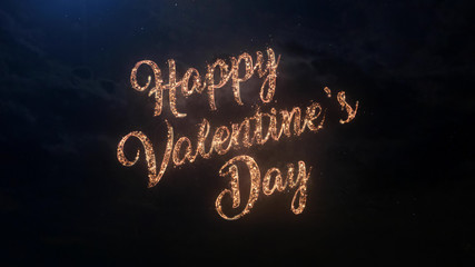 Fototapeta na wymiar Happy Valentine's Day February 14th greeting text with particles and sparks on black night sky with colored fireworks on background, beautiful typography magic design.
