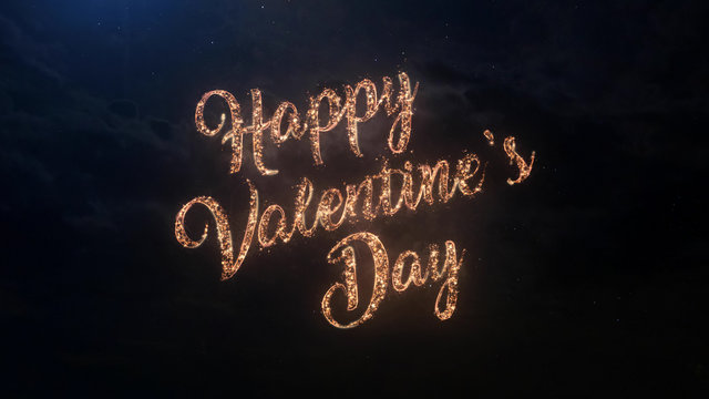 Happy Valentine's Day February 14th greeting text with particles and sparks on black night sky with colored fireworks on background, beautiful typography magic design.