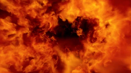 Foto op Plexiglas Vlam Vuurbal explosie richting camera, cross frame vooruit overgang, vuur vlammenwerper geïsoleerd op zwarte achtergrond met alfakanaal, perfect voor bioscoop, digitale compositie.