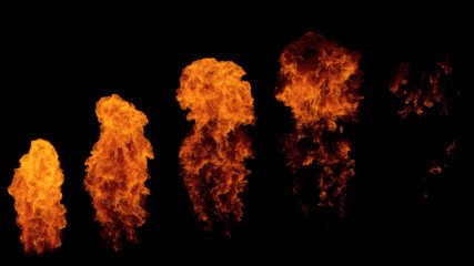 Fire ball explosion from bottom to top, fire flamethrower isolated on black background with alpha...