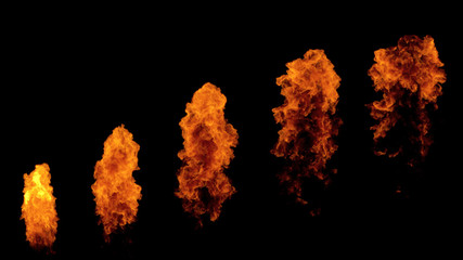 Fire ball explosion from bottom to top, fire flamethrower isolated on black background with alpha...