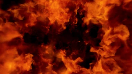 Rolgordijnen Vlam Vuurbal explosie richting camera, cross frame vooruit overgang, vuur vlammenwerper geïsoleerd op zwarte achtergrond met alfakanaal, perfect voor bioscoop, digitale compositie.