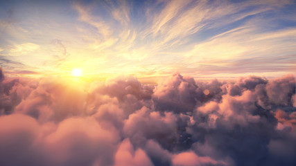 Flying over the evening timelapse clouds with the late sun. Flight through moving cloudscape with beautiful sun rays. Traveling by air. Perfect for cinema, background