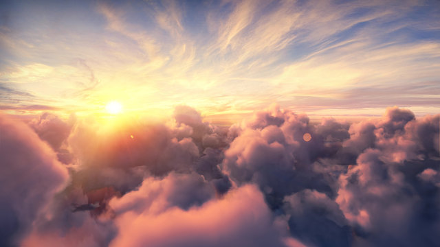 Flying over the evening timelapse clouds with the late sun. Flight through moving cloudscape with beautiful sun rays. Traveling by air. Perfect for cinema, background
