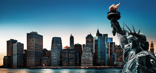 New York City skyline panorama with Statue of Liberty