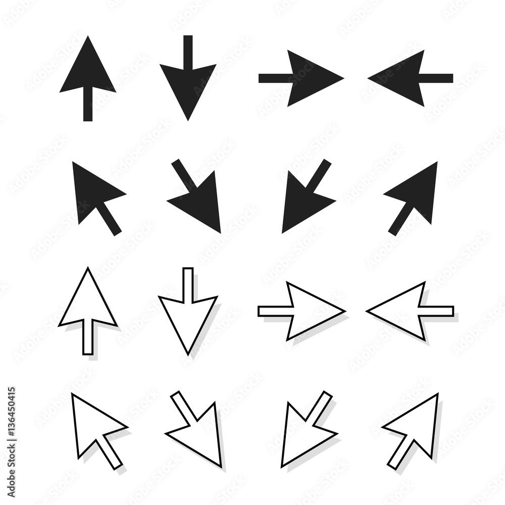 Poster arrows vector set isolated on white background, black and white direction pointer arrows, up down le