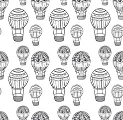 Hot air balloon seamless pattern. Monochrome vector background. Coloring page.