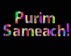 Colorful inscription Purim Sameach. Vector illustration on a black background