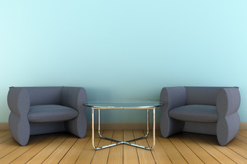 Fototapeta na wymiar Modern round glass table and two chairs in light blue wall and wooden floor 3D interior.