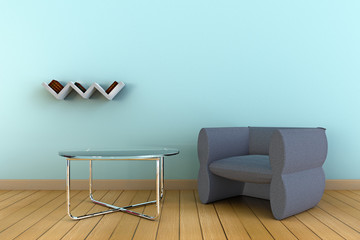Book shelf, Modern round glass table and chair in light blue wall and wooden floor 3D interior.