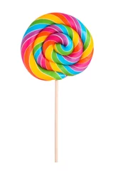 Foto auf Acrylglas Süßigkeiten Colorful rainbow lollipop swirl on wooden stick isolated on white background