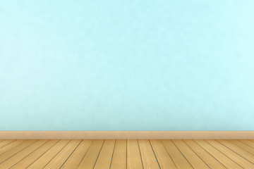 Light blue wall and wooden floor empty 3D interior.