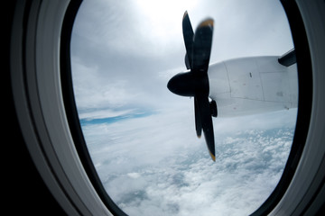 engine and propeller of the plane, view from window airplane