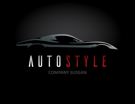 Auto style car logo design with concept retro sports vehicle icon silhouette on black background. Vector illustration.
