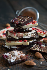 White and dark chocolate with fruits and nuts