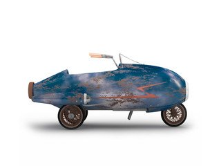  Kids retro car - rocket on wheels. 3D illustration (3D rendering)
