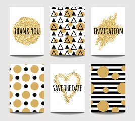 Vector set of love cards for wedding and Valentine's day with golden sparkling effects. Invitation, greeting card, poster design templates. A4.
