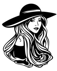 elegant woman with long hair wearing hat vector portrait