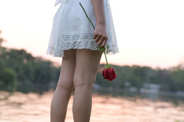 Heartbroken woman holding a rose