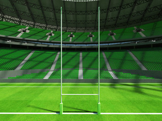 3D render of a round rugby stadium with  green seats and VIP boxes