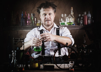 crazy medieval scientist working in his laboratory