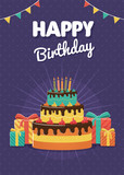 Birthday greeting and invitation card with birthday cake and gift boxes.