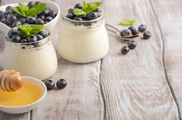Natural homemade yogurt with blueberry and mint, selective focus, copy space