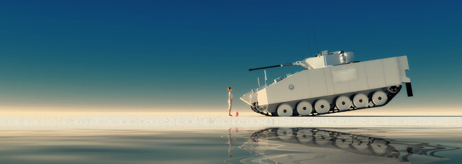 boy standing in front of a tank