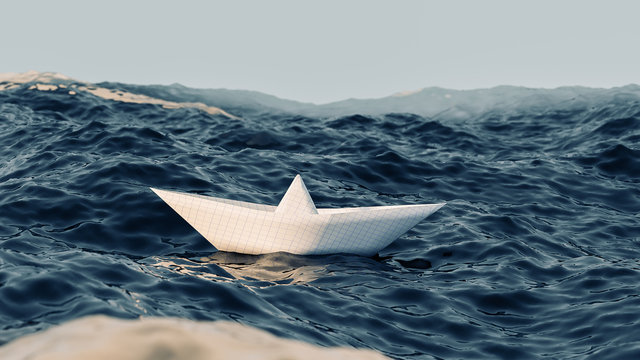 paper boat sailing on blue water 3d illustration