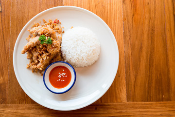 Thai food, Fried garlic mix with pork serve with rice