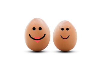 two happy eggs couple with love isolated on white.