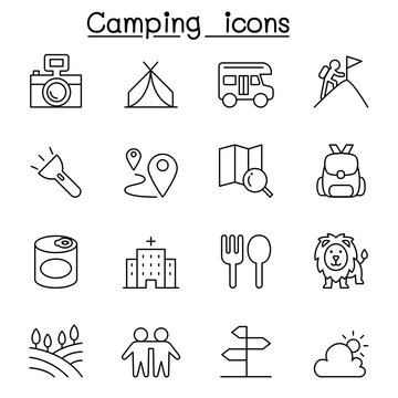 Camping & Hiking icon set in thin line style