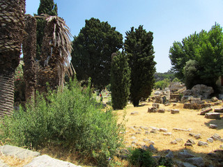 Ancient ruins between trees in a park on Kos island, Greece
